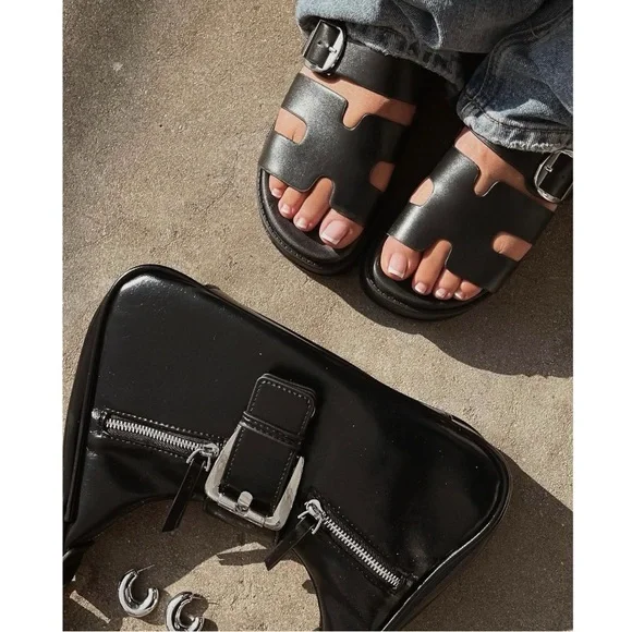 Black Slip On Chunky Platform Sandals